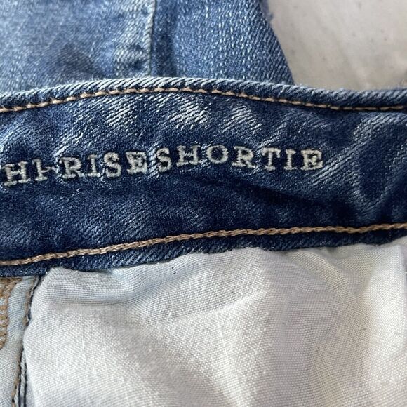American Eagle SZ 6 Hi-Rise Shortie Jean Shorts Distressed Stretch Frayed Hems - Picture 6 of 8